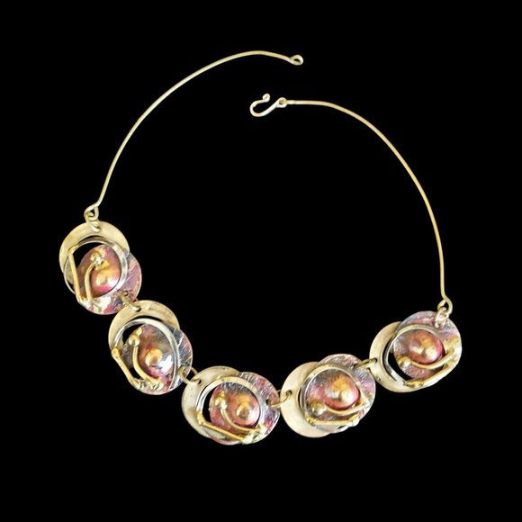 Beautiful Art Deco Modernist Mixed Metal Brass Enamel Necklace - - Picture 5 of 7